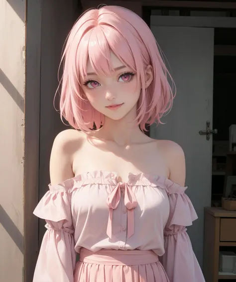 masterpiece, best quality, 1girl, beautiful girl, light pink hair, pink eyes, medium hair, One-shoulder asymmetrical blouse with a flowy drape, happy, looking at viewer