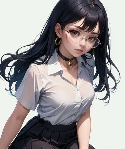 (masterpiece, best quality), 1girl, bell, black skirt, brown eyes, choker, glasses, long hair, blue hair, white shirt, simple background