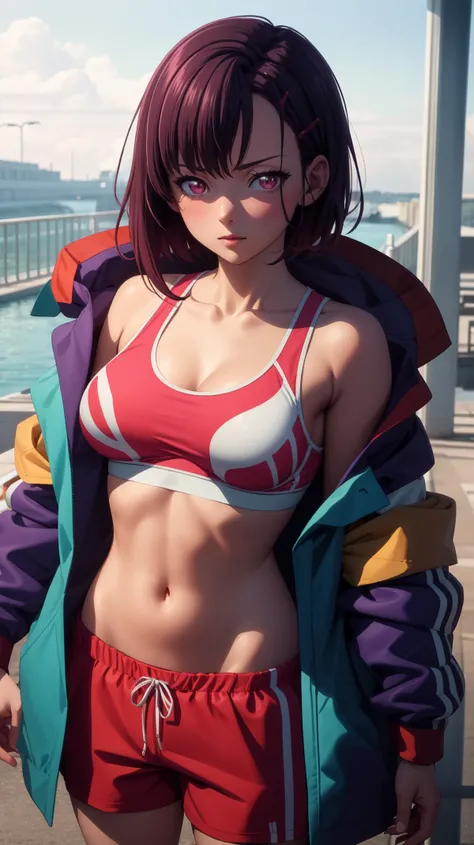 (masterpiece, best quality), intricate details, shizukazom100, 1girl, short hair, dark purple hair, bangs, hair ornament, hairclip, pink eyes, white pupils, medium breasts, collarbone, blue jacket, sports bra, navel, midriff, pink shorts, dynamic pose, <lora:shizukazom100 v3:0.7>