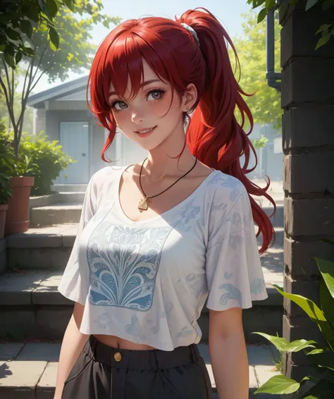 (masterpiece, best quality), 1girl, wavy hair, looking at viewer, upper body, necklace, contemporary, plain pants, ((intricate, print, pattern)), ponytail, freckles, red hair, dappled sunlight, smile, happy,