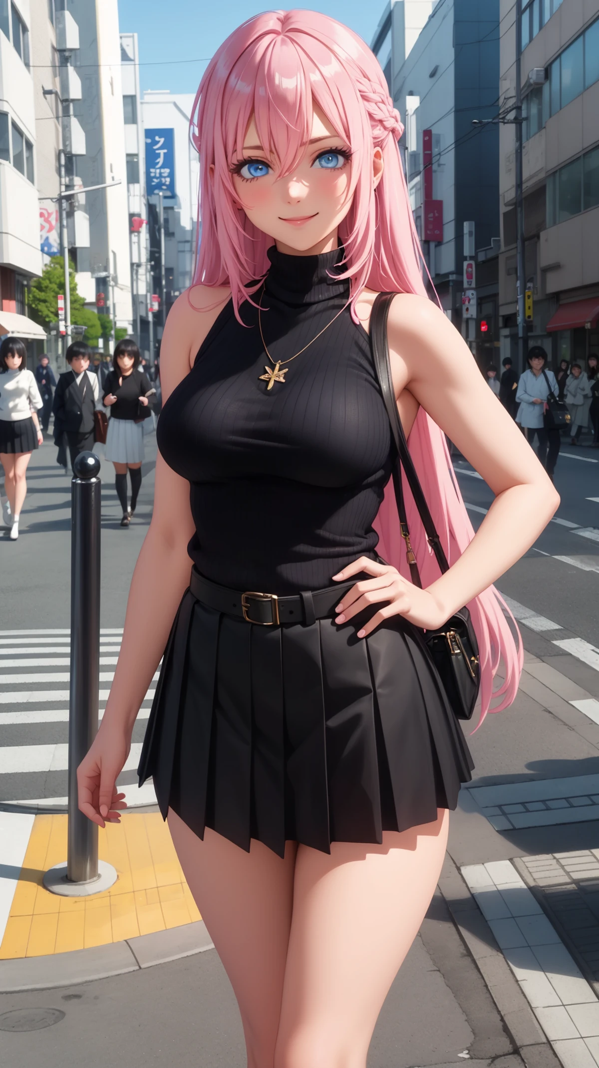 (masterpiece, best quality), intricate details, shikimorisan, 1girl, pink hair, long hair, blue eyes, hair between eyes, bangs, breasts, smile, sweater, turtleneck sweater, sleeveless, necklace, skirt, pleated skirt, black skirt, black belt, outdoors, tokyo, street, <lora:shikimorisanv3:0.7>