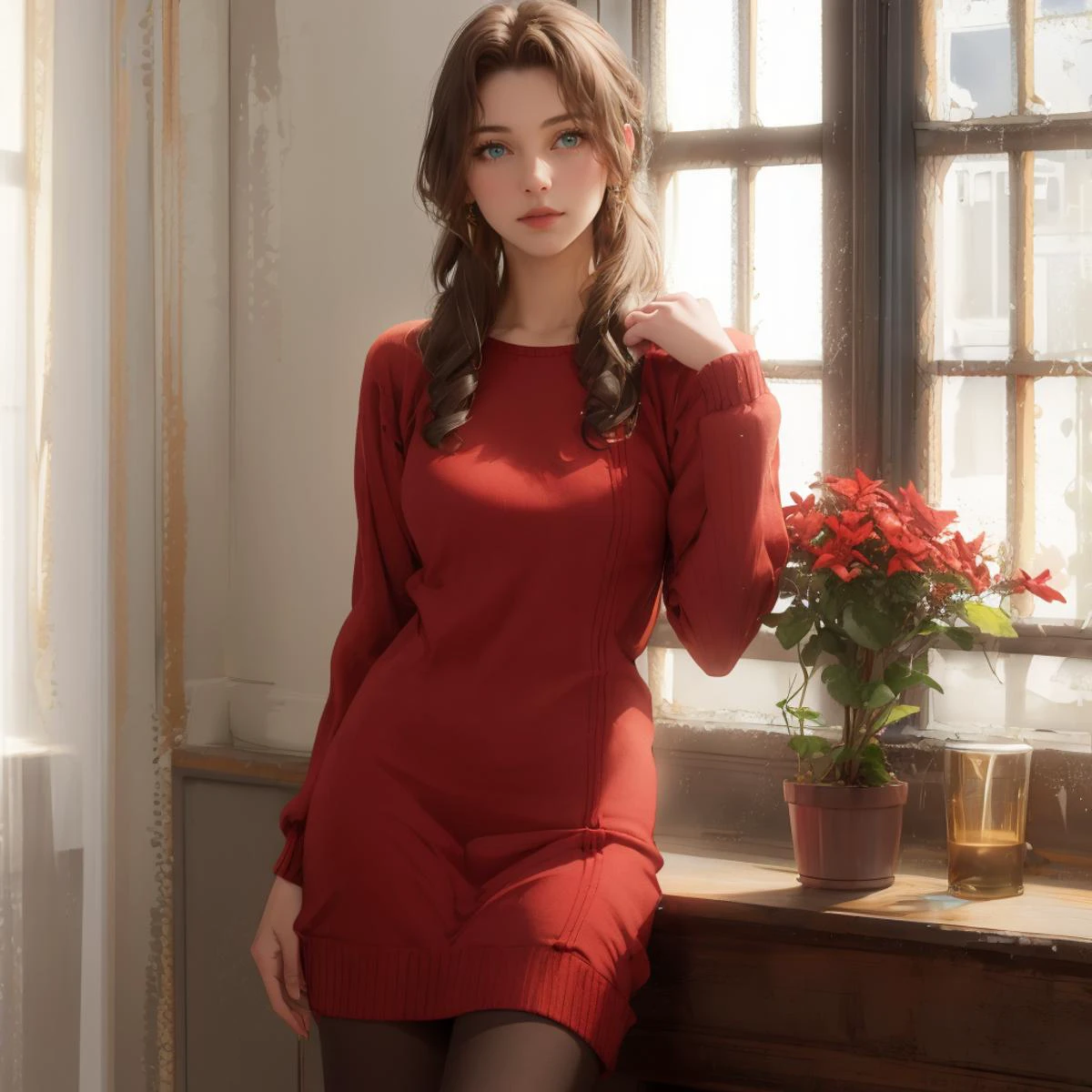 ((masterpiece, best quality, highres, realistic, best quality)), aerith gainsborough, <lora:aerith-nvwls-v1:0.9>, 1girl, solo (detailed face), <lora:goodhands_Beta_Gtonero:0.7>, good hands, score_9, score_8_up, score_7_up, red sweater, sweater dress, long sleeves, (black pantyhose:1.2), <lora:yor_forger_v1:0.7>, (modern home:1.2), flowers in the home, big window, city outside of the window, night