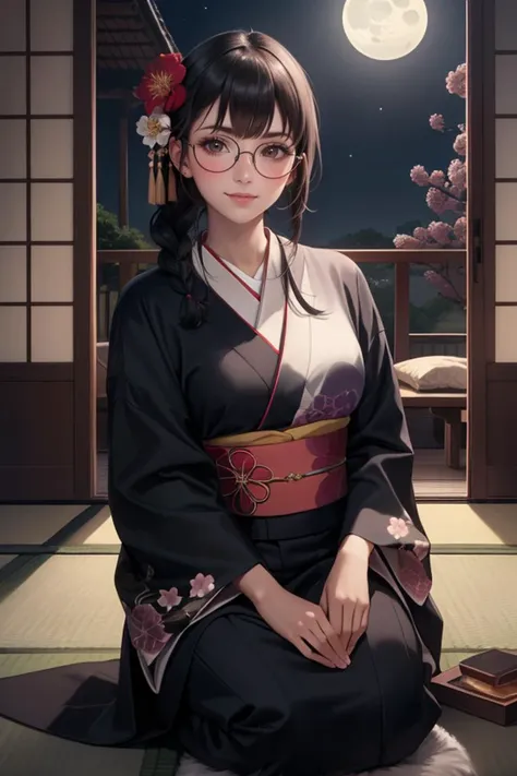 8k, 4k, best quality, (masterpiece:1.3),ultra realistic 8k cg, picture-perfect face, flawless, clean, masterpiece, professional artwork, famous artwork, cinematic lighting, cinematic bloom, (detailed skin texture),
indoor, japanese-style room, tatami, from front, looking at viewer, seductive gaze, night sky, moon in the night skiy, stars in the night sky, moonlight,
(1girl), female, black hair, soft hair, side braid, beautiful face, beautiful brown eyes, (clothes|flower hair ornament|circle glasses|intricate floral-pattered black kimono), breasts, blush, smiling, light skin, seiza,
<lora:GoodHands-vanilla:1> <lora:breastsizeslideroffset:-0.1>