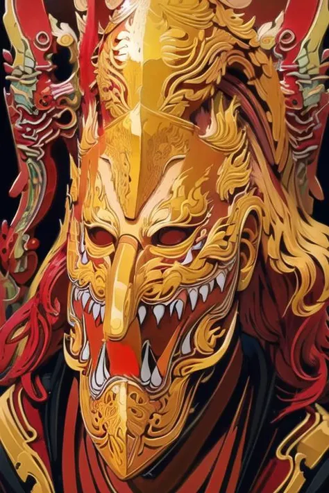 red gold mask,mask,big mask, best quality, highly detailed, ultra-detailed, masterpiece, 8k wallpaper, bad anatomy, simple background, long big nose,white background(masterpiece, best quality, ultra detailed, highres, super fine illustration, 8k, absurdres:1.2), <lora:urbansamurai_v0.3:1>, solo warrior <lora:peeta:1>