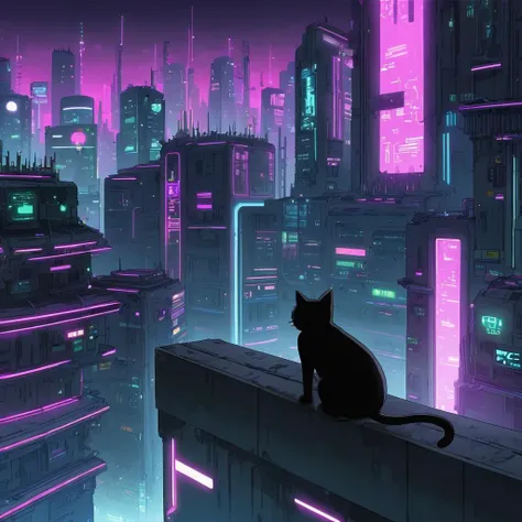 a black cat, sitting on a bulding ledge, in a cyber punk city, anime animation
