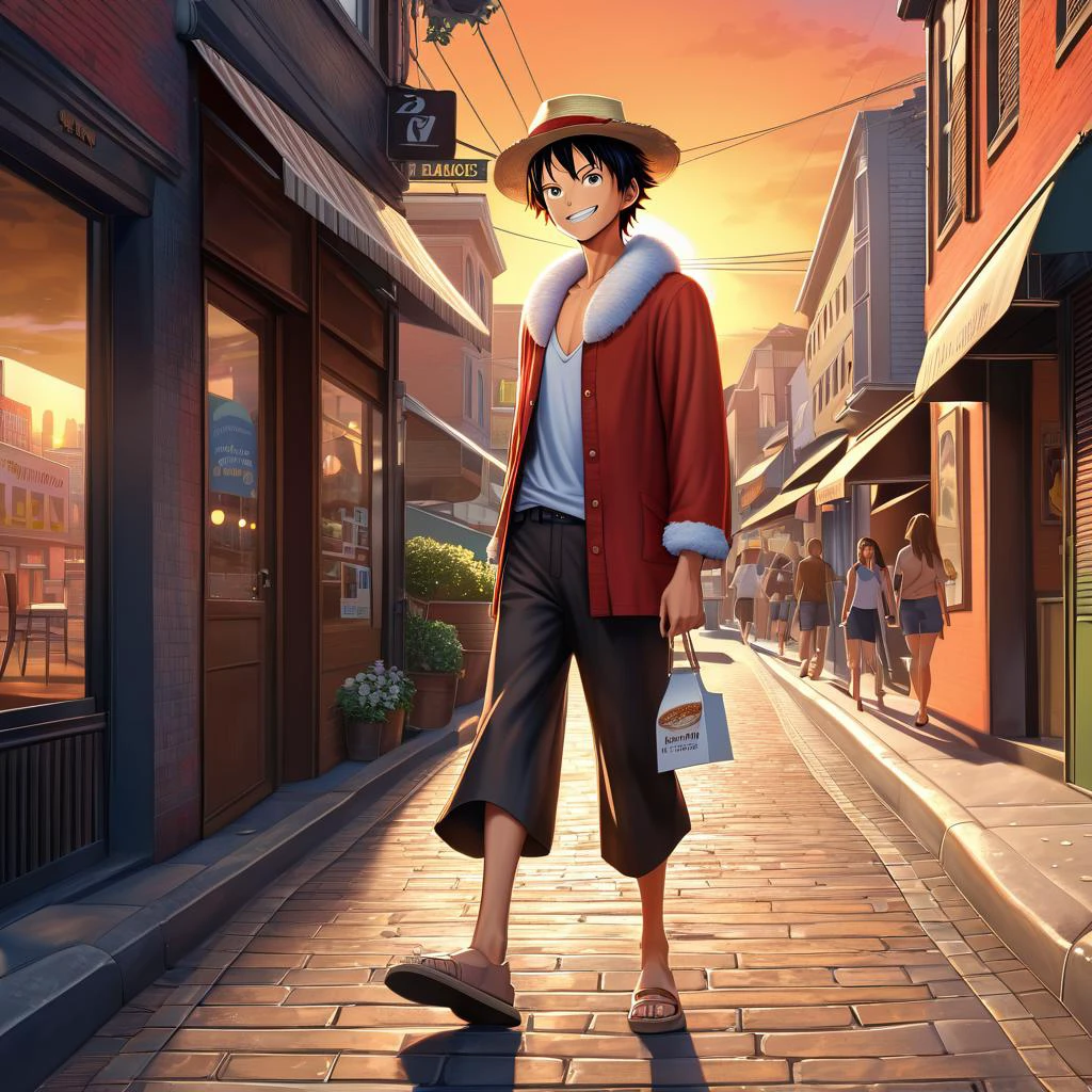 (Ultrarealist:1.0)Monkey Di Luffy stroll through the city and ((Smile:1.0)), 8k realistic hair, ultradetailed background, 2d carton, (soft fur:1.3), expressive eyes, sunset glow , vector, carton, animation , full body