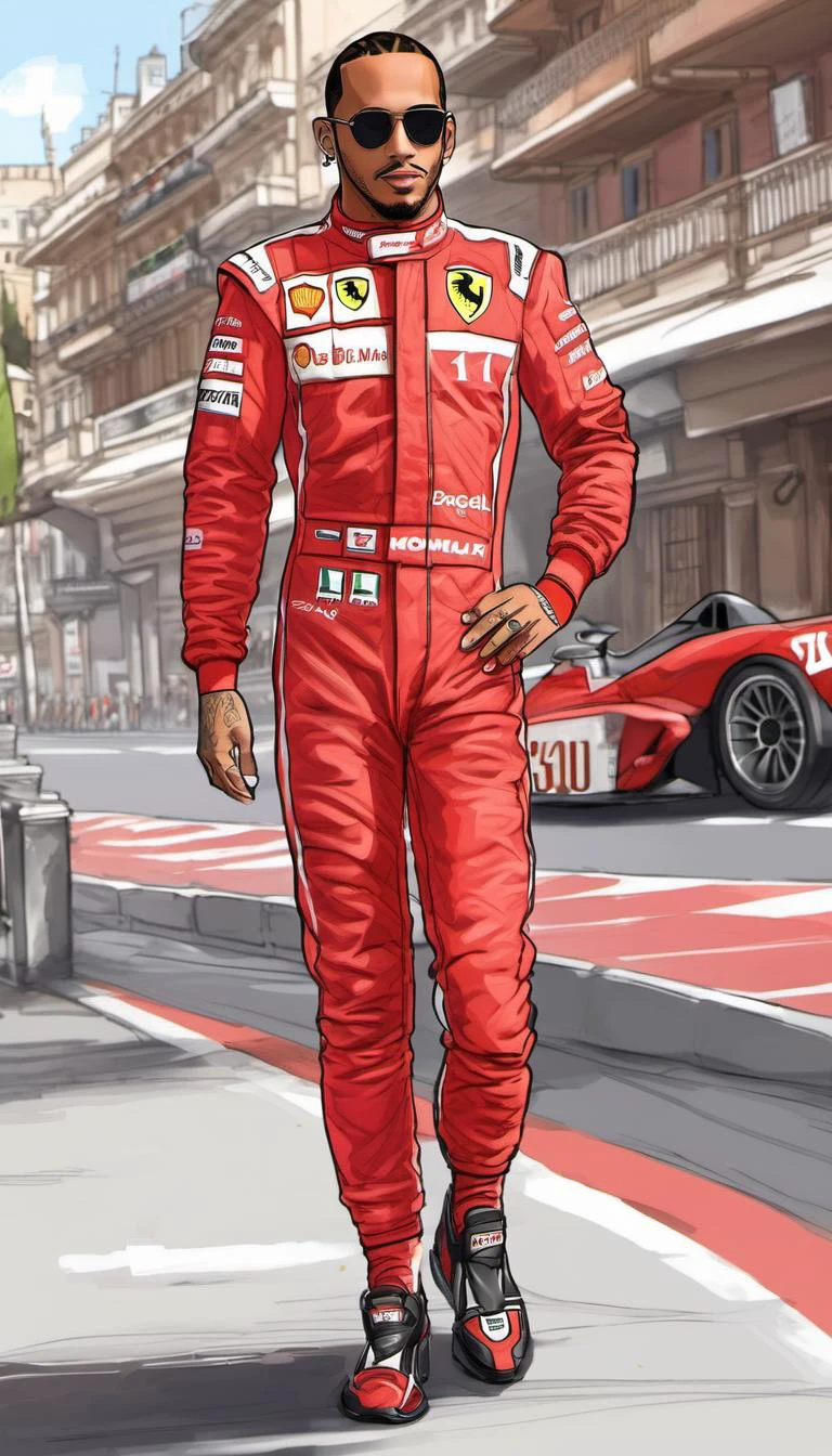 lewis hamilton, dressed in red ferrari racing suit, monaco, anime animation