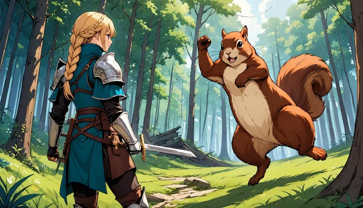 Medium long shot outdoor lighting, masterpiece, best quality, anime animation, <lora:Dreamyvibes artstyle SDXL - Trigger with dreamyvibes artstyle:1> Dreamyvibes Artstyle <lora:add-detail-xl:2> <lora:EldritchComicsXL1.2:0.5> comic book
forest
BREAK
(from behind:1.1), 1girl, long blonde hair, photo of a PaladinLARP a woman with long blonde braided hair, holding a sword, fighting, <lora:PaladinLARPXLv1:0.8> dressed in a knight costume teal gambeson steel cuirass pauldrons thigh armour leg guards brown leather boots brown woll cape black pans brown leather belt ,
BREAK
forest, ruines
BREAK
attacking threatening giant squirrel