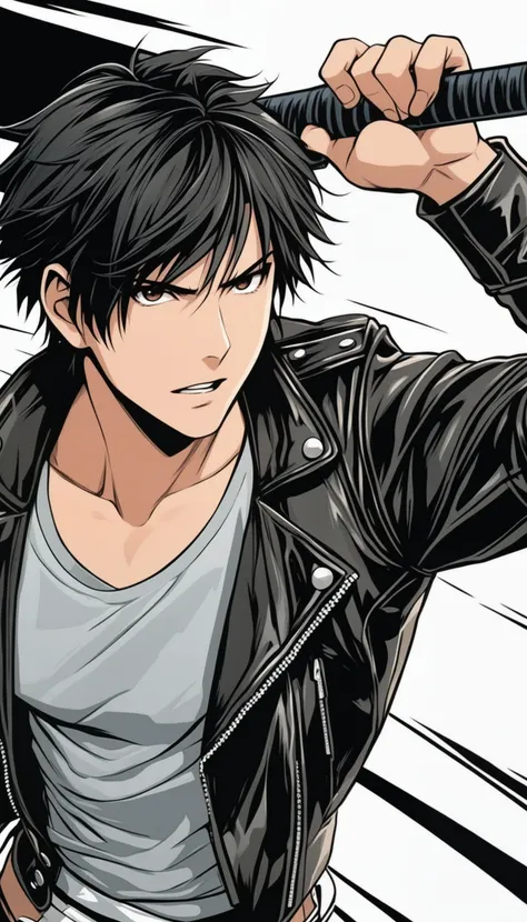 1boy, black hair, white background, short cut hair, leather jacket, tshirt, upper body, detailed shape, detailed line, art of fighting attitude, color manga style