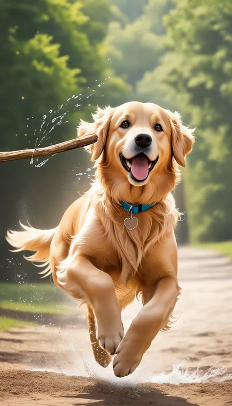 Golden retriever jumping to catch a stick