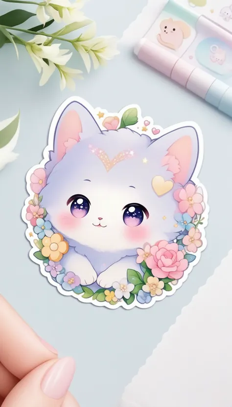 Sticker of a cute, round little animal with big, sparkling eyes and a gentle smile on its face. It has soft, pastel-colored fur. The small critter is surrounded by dainty, heart-shaped flowers in complementary pastel shades, adding to the sticker's overall charm.The white background provides the perfect canvas for this adorable creature, allowing its pastel features to pop and catch the eye. The sticker design exudes a warm and playful energy, making it an endearing addition to any item it adorns.