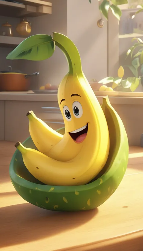a happy cartoon banana fruit, Pixar Style, perfect composition, 8k artistic photography, photorealistic concept art, masterpiece