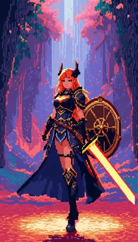 Pixel art of a fierce female warrior with a sword and shield in a fantasy setting, featuring vibrant colors, dynamic lighting, and a dramatic, epic mood