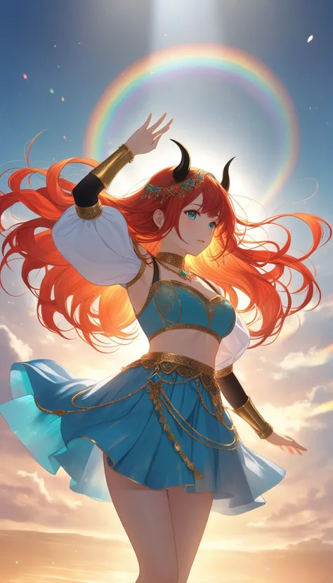 1girl, solo, back light, rainbow, aqua eyes, fake horns, red hair, long hair, crop top, jewelry, horns, veil, bracer, brooch, puffy long sleeves, skirt, bangs, low twintails, puffy sleeves, neck ring, gold trim, parted bangs, arm up, blue skirt, hair ornament, detached sleeves, floating hair, gem, hair flower, blue gemstone
