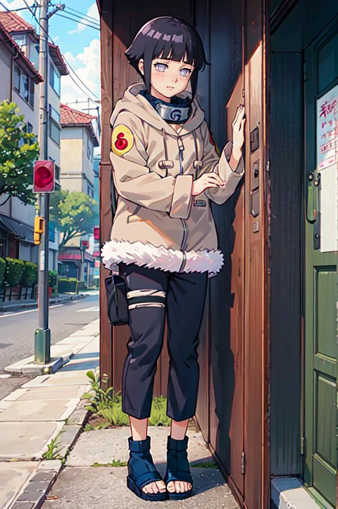 standing, shy, blush, <lora:HinataHyuga:0.8> hyuuga hinata, 1girl, black hair, short hair, white eyes, no pupils, jacket, coat, forehead protector, fur trim, konohagakure symbol, long sleeves, pant, sandals,, absurdres, ultra detailed, masterpiece, best quality, aesthetic, detailed,