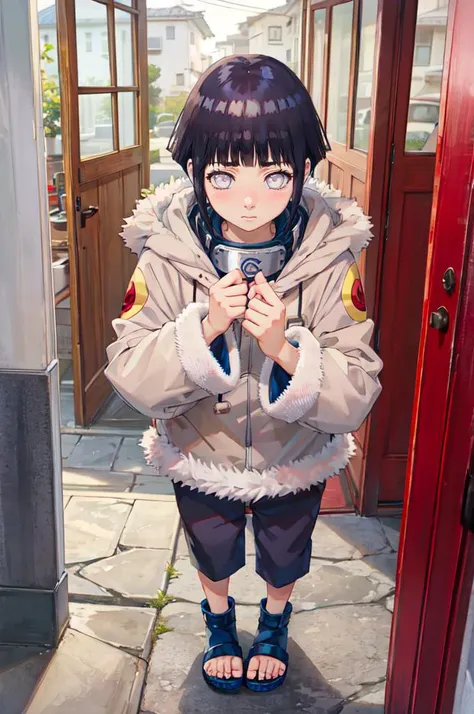 standing, shy, blush,  <lora:HinataHyuga:0.8> hyuuga hinata, 1girl, black hair, short hair, white eyes, no pupils, jacket, coat, forehead protector, fur trim, konohagakure symbol, long sleeves, pant, sandals,  <lora:TorinoV71:1>, absurdres, ultra detailed, masterpiece, best quality, aesthetic, detailed,