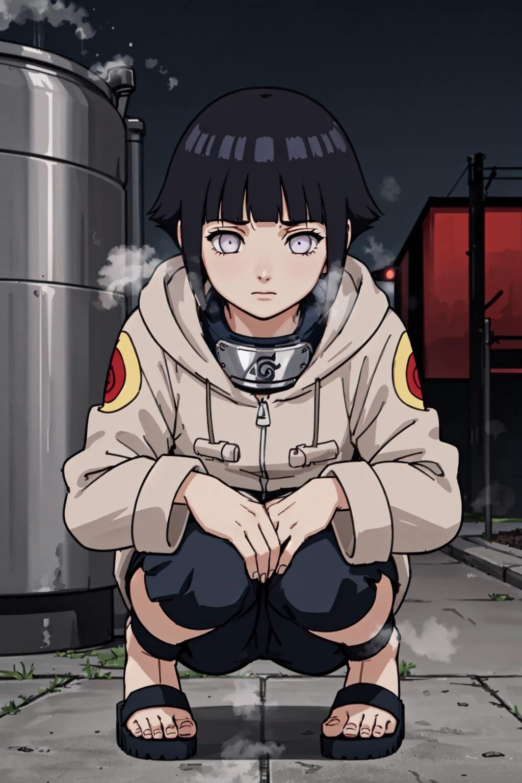 1girl, hyuuga hinata , black hair, short hair, white eyes, no pupils, jacket, coat, forehead protector, fur trim, konohagakure symbol, long sleeves, pant, sandals, night, steaming, steaming body, masterpiece, best quality, detailed, (highres:1.2),(ultra-detailed:1.2) <lora:HinataHyuga:0.7>