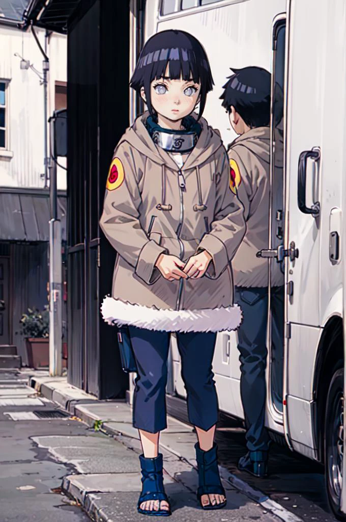standing, shy, blush, <lora:HinataHyuga:0.8> hyuuga hinata, 1girl, black hair, short hair, white eyes, no pupils, jacket, coat, forehead protector, fur trim, konohagakure symbol, long sleeves, pant, sandals, <lora:ponsuke:1>, absurdres, ultra detailed, masterpiece, best quality, aesthetic, detailed,