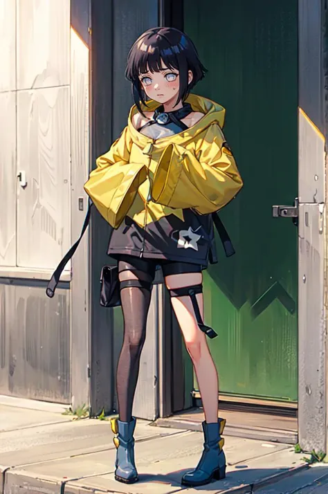 ,solo, shy, blush, <lora:HinataHyuga:0.8> hyuuga hinata, 1girl, black hair, short hair, white eyes, no pupils, <lora:iono_outfit:0.7> iono_outfit, oversized clothing, jacket, yellow jacket, wide sleeves, sleeves past wrists, black shorts, grey pantyhose, boots, single leg pantyhose, thigh strap,, absurdres, ultra detailed, masterpiece, best quality, aesthetic, detailed,