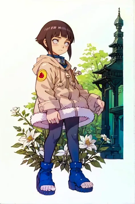 ,solo, shy, blush,  <lora:HinataHyuga:0.8> hyuuga hinata, 1girl, black hair, short hair, white eyes, no pupils, jacket, coat, forehead protector, fur trim, konohagakure symbol, long sleeves, pant, sandals,  <lora:NakayamaTooru:1> sketch, mecha, (squating, holding kunai:1.3),, absurdres, ultra detailed, masterpiece, best quality, aesthetic, detailed,