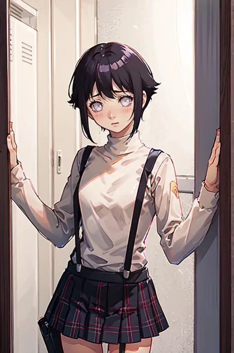 ,solo, shy, blush, <lora:HinataHyuga:0.8> hyuuga hinata, 1girl, black hair, short hair, white eyes, no pupils, <lora:ShuujinAcademySchoolUniform:0.9> GirlSuspenders, white turtleneck, suspenders, plaid skirt,, absurdres, ultra detailed, masterpiece, best quality, aesthetic, detailed,