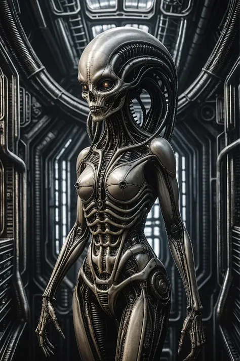 a female biomechanical creature inside an alien space ship, UHD, 8k, F2.8, RAW Photo, ultra detailed, sharp focus, hrgiger style, hrg1g3r4rhp, <lora:add-detail-xl:2> <lora:hrg1g3r4rhp_v20_SDXL_Linux:0.5>