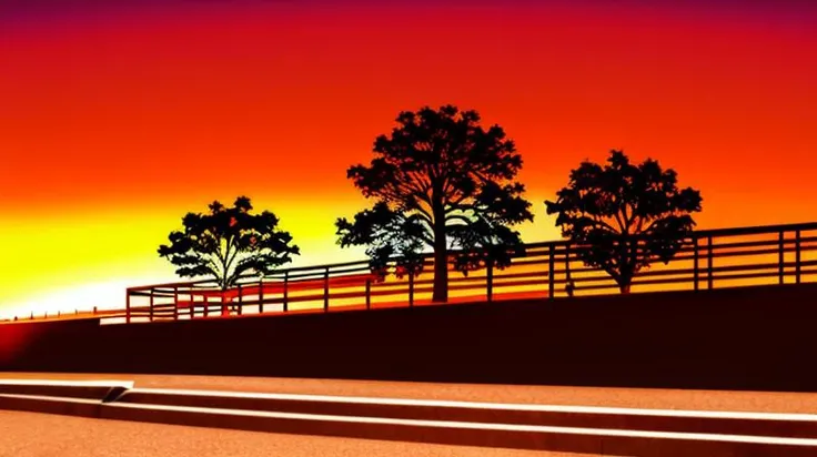 masterpiece,best quality,monogatari_style, outdoors, sky, cloud, tree, no humans, building, scenery, sunset, fence, railing, bare tree, orange theme,<lora:MonogatariStyle-V2.1:0.8>