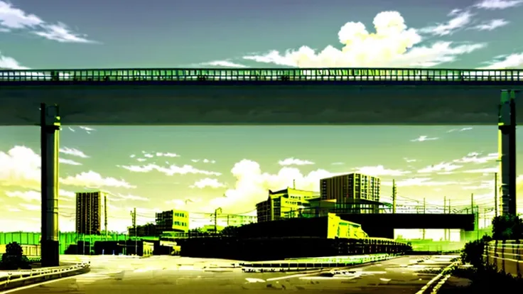 masterpiece,best quality,monogatari_style,city,building,expressway,overpass,bridge,(green sky,green theme:1.5),<lora:wuyu_style-000055:1>