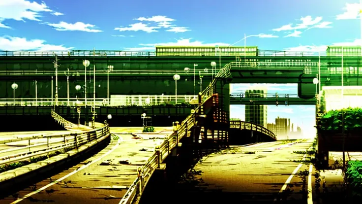 masterpiece,best quality,monogatari_style,city,building,expressway,overpass,bridge,green sky,green theme,<lora:wuyu_style-000055:1>