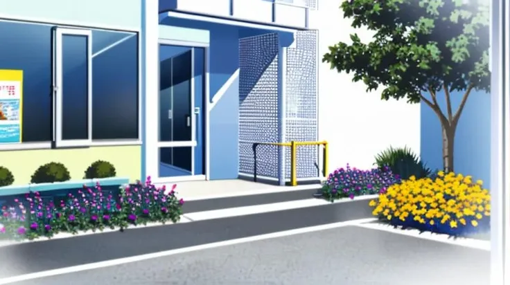 masterpiece,best quality,monogatari_style,flower,outdoors,sky,day,tree,no humans,window,grass,plant,building,scenery,fence,road,bush,lamppost,street,<lora:MonogatariStyle-V2.1:0.8>