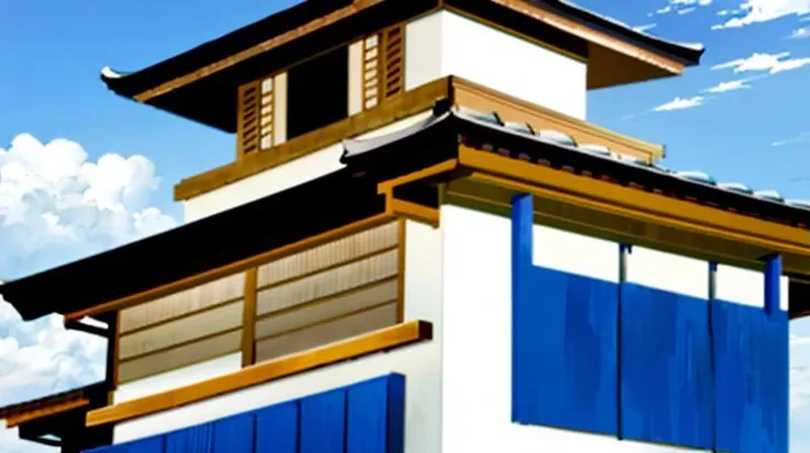 masterpiece,best quality,monogatari_style, outdoors, sky, day, cloud, blue sky, no humans, letterboxed, scenery, architecture, east asian architecture, shrinee,<lora:MonogatariStyleV2:0.8>