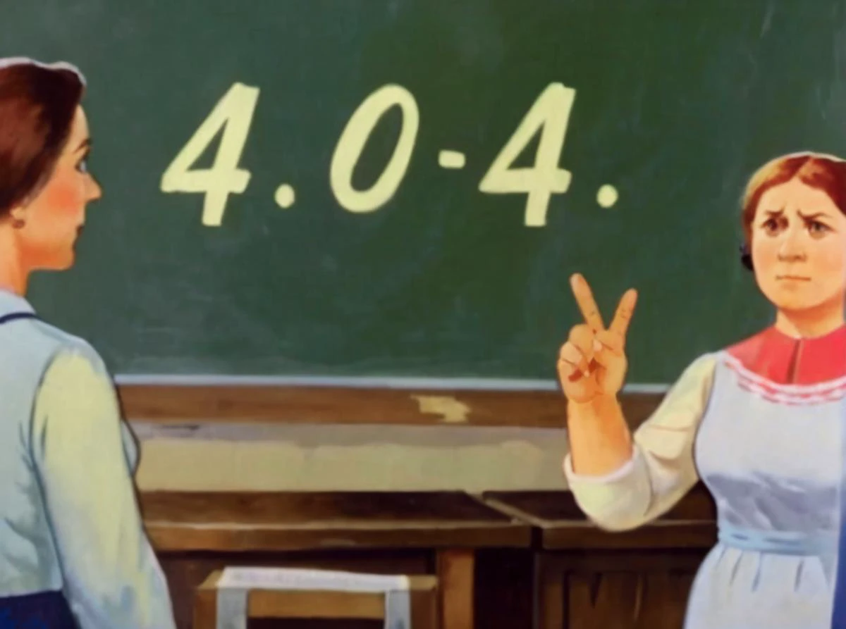 angry middle aged female teacher teaching, point at a chalk board that says 404 in chalk, classroom, day time, detailed, 4k, HD, masterpiece, high quality, <lora:Harrlogos_v1.1:0.8> text logo , <lora:nazarov_style:0.8> <lora:Soviet-poster:0.8> soviet poster