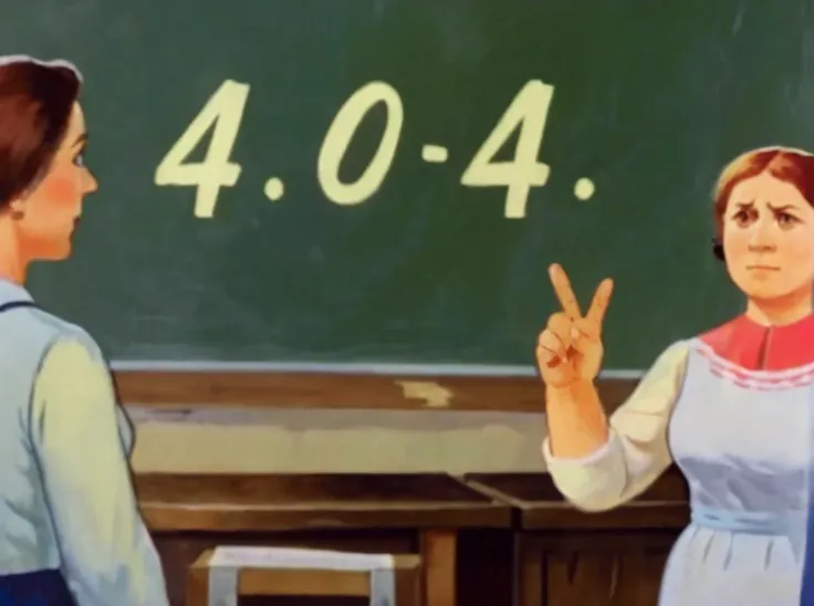 angry middle aged female teacher teaching, point at a chalk board that says 404 in chalk, classroom, day time, detailed, 4k, HD, masterpiece, high quality,  <lora:Harrlogos_v1.1:0.8> text logo ,  <lora:nazarov_style:0.8>   <lora:Soviet-poster:0.8> soviet poster