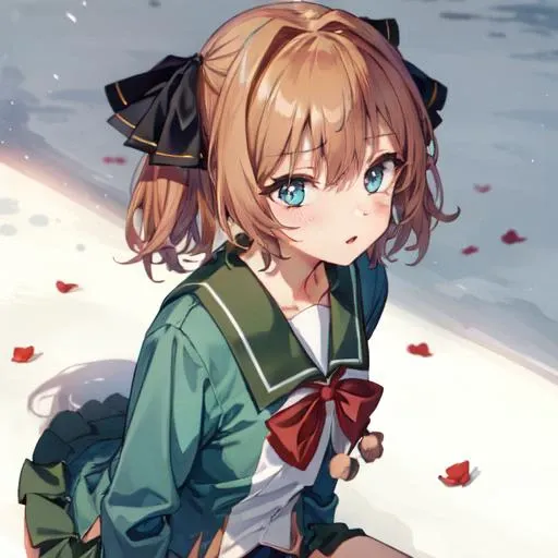 (masterpiece, best quality, delicate details, absurdres, 4K: 1.2), (studio light, best shadow),
BREAK, (sharp eyeliner, eyeshadow, beautiful iris and pupils, beautiful eyes, beautiful face, perfect anatomy),
BREAK, 1girl, solo,
BREAK, HachijouKC, brown hair, black hair ribbon, serafuku, green jacket, (long sleeves), green sailor collar, red neck ribbon, green pleated skirt, white socks, kneehighs, pom pom (clothes),
BREAK, (upper body shot), side view,
BREAK, <lora:Hachijou-03:1>, <lora:add_detail:0.4>
