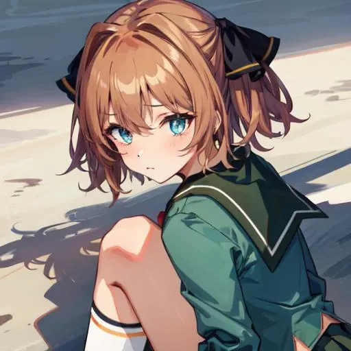 (masterpiece, best quality, delicate details, absurdres, 4K: 1.2), (studio light, best shadow),
BREAK, (sharp eyeliner, eyeshadow, beautiful iris and pupils, beautiful eyes, beautiful face, perfect anatomy),
BREAK, 1girl, solo,
BREAK, HachijouKC, brown hair, black hair ribbon, serafuku, green jacket, (long sleeves), green sailor collar, red neck ribbon, green pleated skirt, white socks, kneehighs,
BREAK, (upper body shot), side view,
BREAK, <lora:Hachijou-03:1>, <lora:add_detail:0.4>