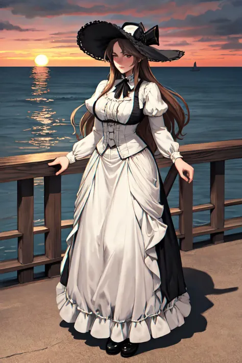 a beautiful victorian woman standing on a pier. looking out wistfully over the sea. wide-brimmed hat. low clouds, sunset. high dynamic range.