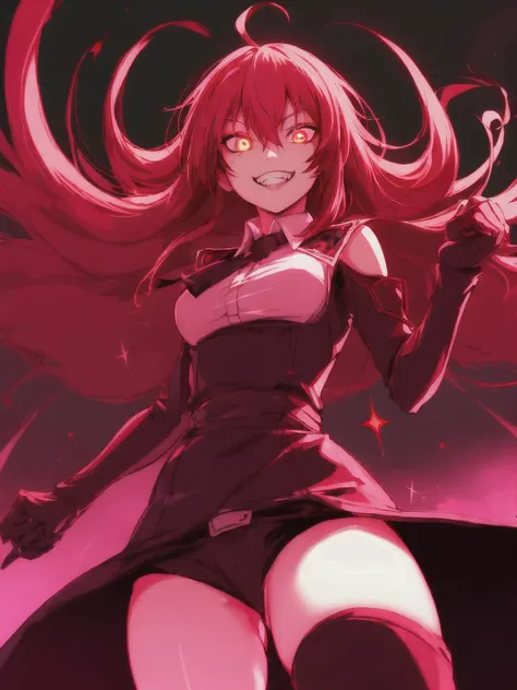 best quality, anime keyvisual, night sky, cowboy shot, from below,
<lora:Rus:1> Rus, red sclera, colored sclera, all red blood eyes, glowing eyes, big eyes, fighting stance, grin, hair raising, aura, red theme, looking at viewer, spell, sparkle, open hands,
<lora:red_theme22222_8:1> <lyco:envybetterhandsLocon_beta2:1.0> <lora:flat2:-0.6> <lora:flatBG:1>