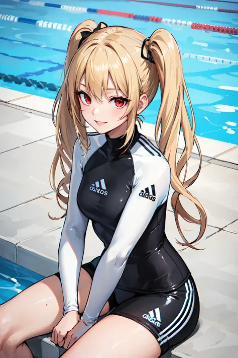 (masterpiece:1.2, best quality), 1lady, solo, upper body, Slender
black Rash Guard, outdoor pool, twintails, red eyes, blonde, smile, adidas, sit on pool bare legs,