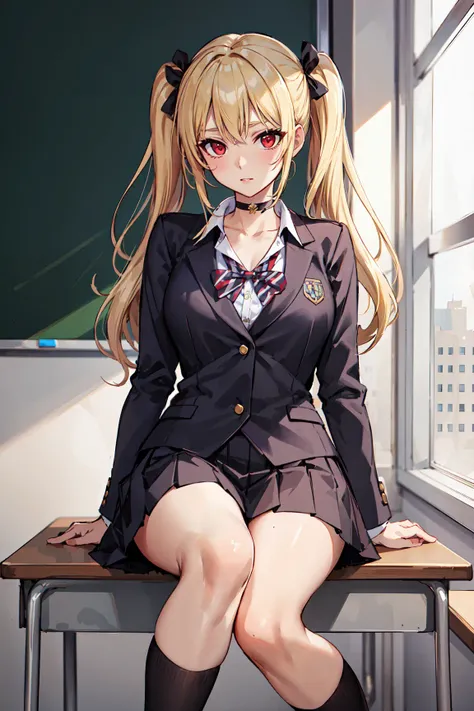 (masterpiece:1.2, best quality), 1lady, solo, school uniform, classroom, day, sit, blonde, twintails, red eyes, open collabone, gyaru, open chest