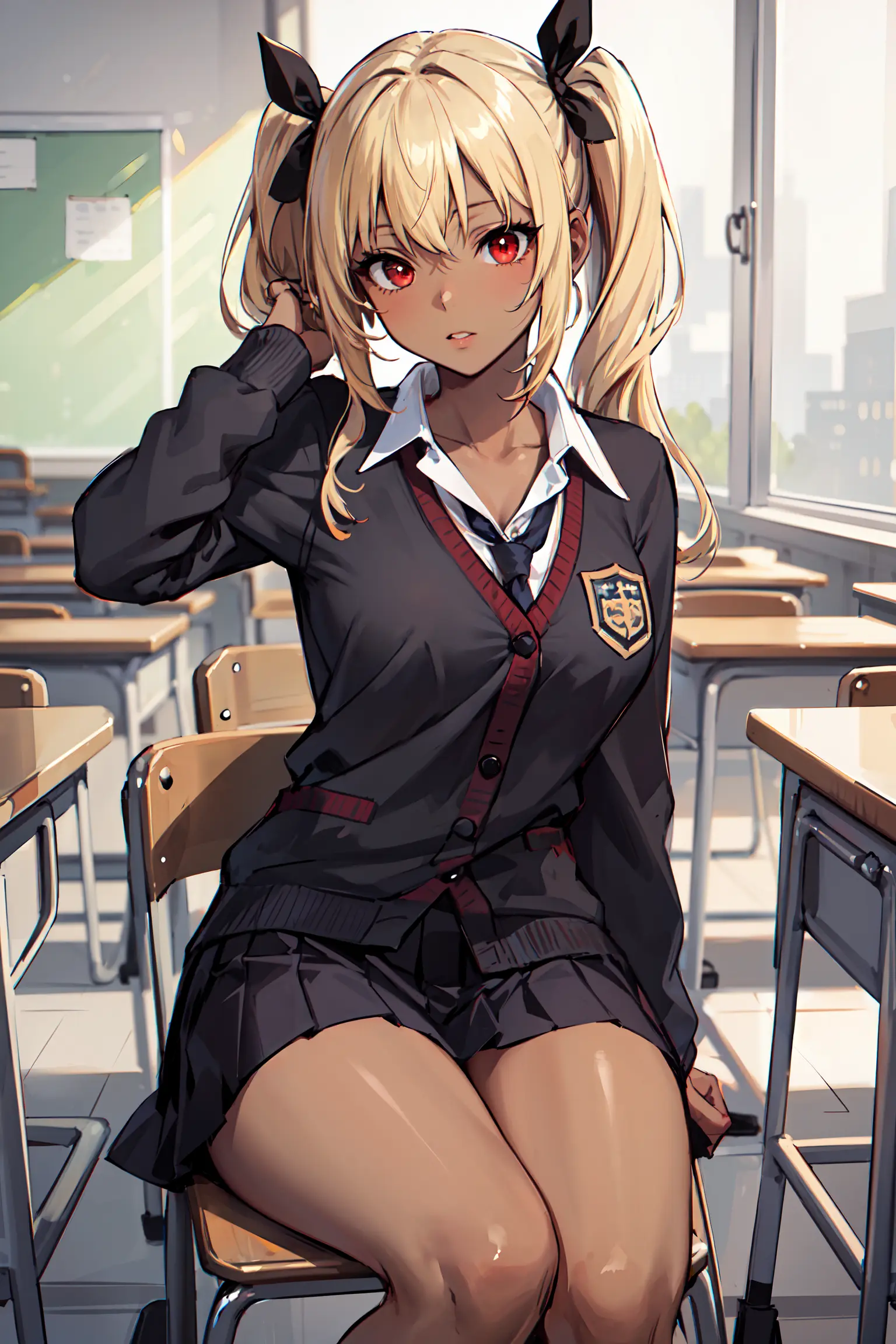 (masterpiece:1.2, best quality), 1lady, solo, school uniform, classroom, day, sit, blonde, twintails, red eyes, open collabone, darkskin, (open breasts:1.1),