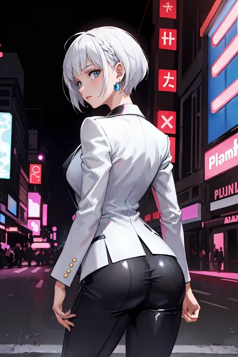 (masterpiece:1.2, best quality), 1lady, solo, (black jumpsuit), (short white blazer), a statement earrings, platinum hair, Pixie cut, butt focus, night street, neon light