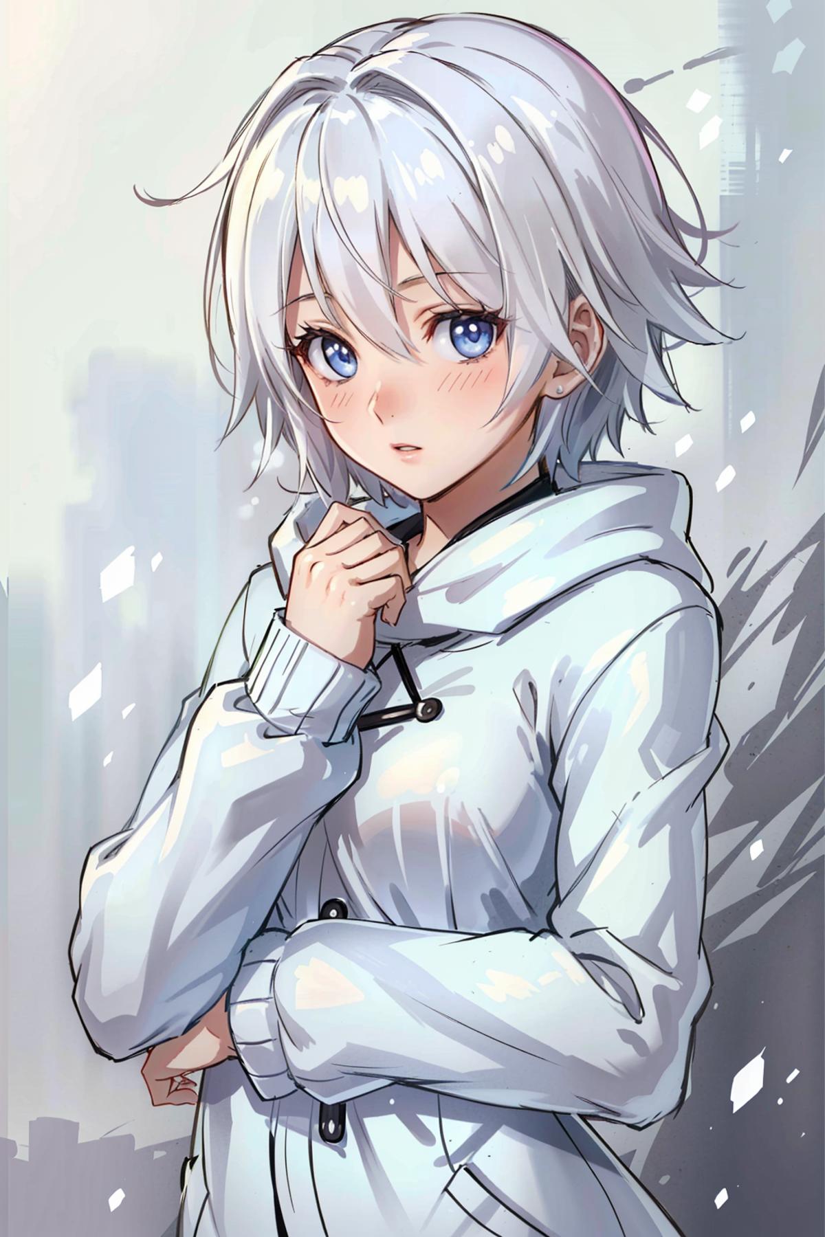 Anime girl with white hair and blue eyes in a white coat - SeaArt AI