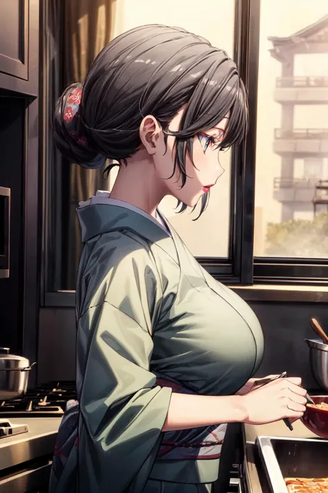(masterpiece, best quality:1.3),beautiful detailed glow,best illuminate,(((best quality,textile shading,ultra detailed))),extremely detailed CG unity 8k wallpaper,Highly Detailed beautiful and aesthetic,best light,high resolution,detailed,dynamic lighting,
1girl, solo,in heat,blush,
<lora:add_detail:1>,
<lora:yukinoMother:0.8>,yukinoshitaMother,single hair bun ,hair bun ,japanese clothes,kimono,short hair,(large breasts:1.2),lipstick , makeup,
kitchen,Cooking,
profile,