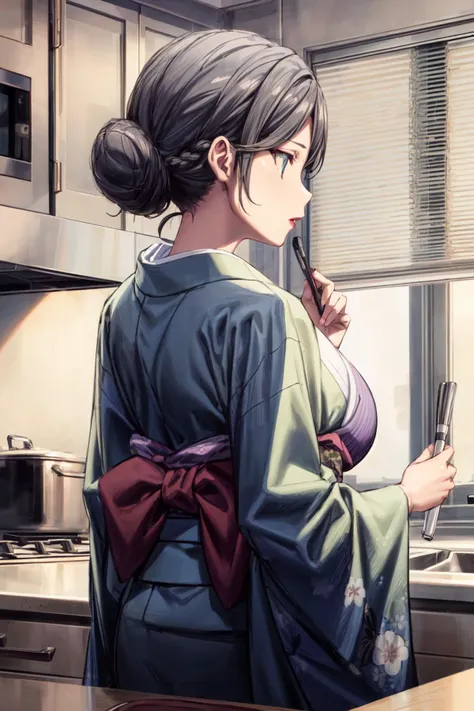 (masterpiece, best quality:1.3),beautiful detailed glow,best illuminate,(((best quality,textile shading,ultra detailed))),extremely detailed CG unity 8k wallpaper,Highly Detailed beautiful and aesthetic,best light,high resolution,detailed,dynamic lighting,
1girl, solo,in heat,blush,
<lora:add_detail:1>,
<lora:yukinoMother:0.8>,yukinoshitaMother,single hair bun ,hair bun ,japanese clothes,kimono,short hair,(large breasts:1.2),lipstick , makeup,
kitchen,Cooking,
from behind,