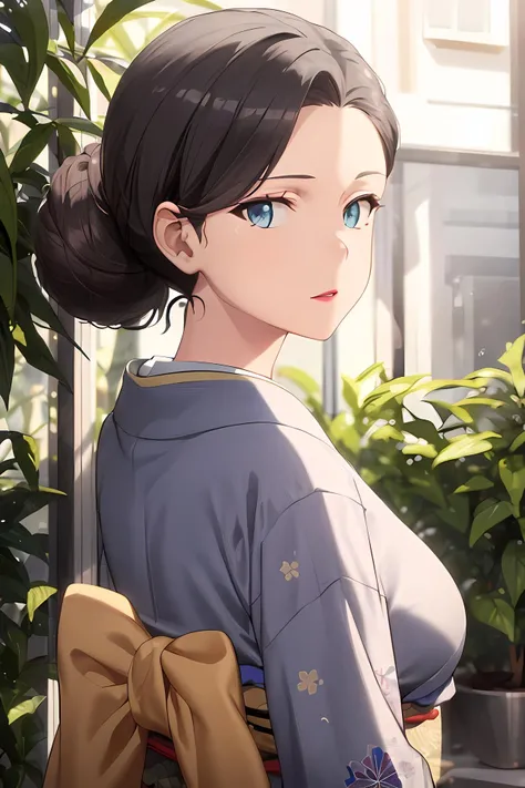 (masterpiece:1.2, best quality), (finely detailed beautiful eyes: 1.2), solo focus, (extremely detailed CG unity 8k wallpaper, masterpiece, best quality, ultra-detailed, best shadow), (detailed background), (beautiful detailed face, beautiful detailed eyes), 1girl, (mature female:1.2), yukinoshitaMother , single hair bun, hair bun, lipstick , makeup, kimono,japanese clothes, large breasts, High contrast, beautiful elegant woman, adult, (best illumination, an extremely delicate and beautiful),(simple backround, outdoors), looking at viewer,beautiful detailed glow,