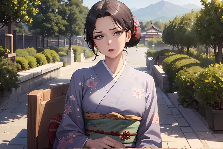(masterpiece:1.2, best quality), (finely detailed beautiful eyes: 1.2), solo focus, landscape, (extremely detailed CG unity 8k wallpaper, masterpiece, best quality, ultra-detailed, best shadow), (detailed background), (beautiful detailed face, beautiful detailed eyes), full body, 1girl, (mature female:1.3), milf, yukinoshitaMother , single hair bun, hair bun, lipstick , makeup, kimono,japanese clothes, serious, large breasts, High contrast, beautiful elegant woman, adult, (best illumination, an extremely delicate and beautiful),(amazing backround, outdoors), looking at viewer,beautiful detailed glow,