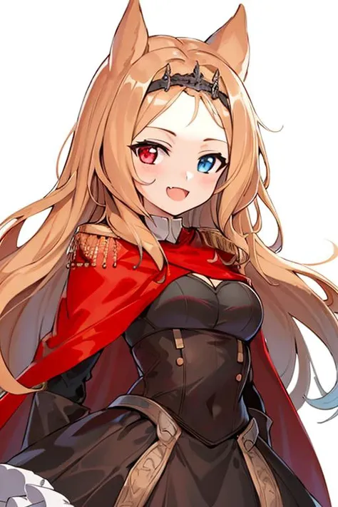 (masterpiece,  best quality:1.2),  novel illustration,  absurdres, Archetto-v1, (chibi:1.2), 
1girl, solo, heterochromia, blue eyes, red eyes, animal ears, long hair, red cape, dress, breasts, cape, simple background, black dress, looking at viewer, fang, open mouth, epaulettes, gloves, medium breasts, smile, cowboy shot, skin fang, very long hair, frills, black gloves, :d, white background, tiara, frilled dress,
<lora:Archetto:0.7>