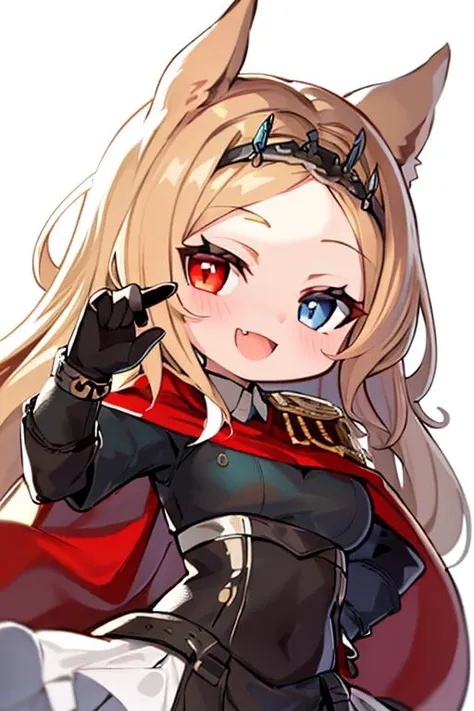 (masterpiece,  best quality:1.2),  novel illustration,  absurdres, Archetto-v1, (chibi:1.4), 
1girl, solo, heterochromia, blue eyes, red eyes, animal ears, long hair, red cape, dress, breasts, cape, simple background, black dress, looking at viewer, fang, open mouth, epaulettes, gloves, medium breasts, smile, cowboy shot, skin fang, very long hair, frills, black gloves, :d, white background, tiara, frilled dress,
<lora:Archetto:0.7>