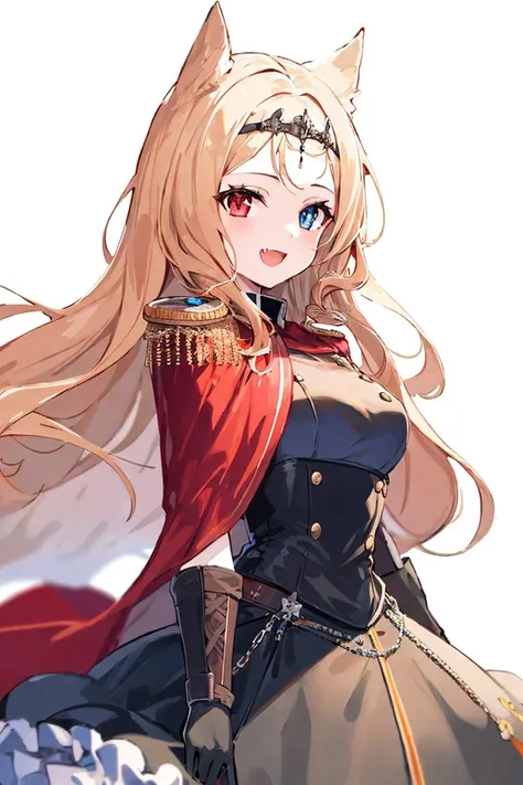 (masterpiece,  best quality:1.2),  novel illustration,  absurdres, Archetto-v1,
1girl, solo, heterochromia, blue eyes, red eyes, animal ears, long hair, red cape, dress, breasts, cape, simple background, black dress, looking at viewer, fang, open mouth, epaulettes, gloves, medium breasts, smile, cowboy shot, skin fang, very long hair, frills, black gloves, :d, white background, tiara, frilled dress,
 <lora:Archetto-000009:1>