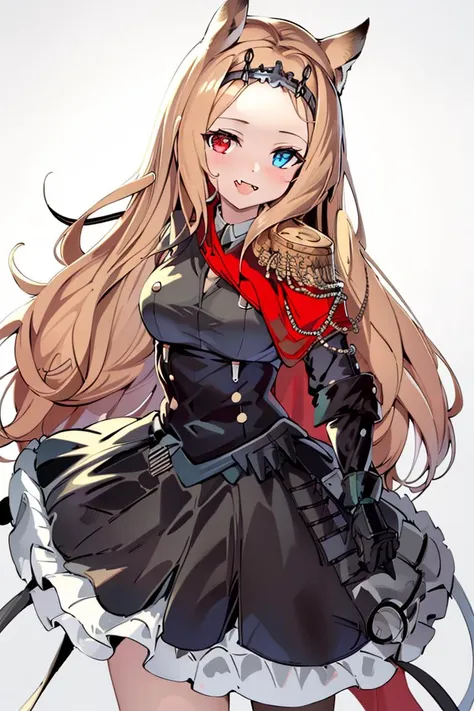 (masterpiece,  best quality:1.2),  novel illustration,  absurdres, Archetto-v1, (chibi:1.2), 
1girl, solo, heterochromia, blue eyes, red eyes, animal ears, long hair, red cape, dress, breasts, cape, simple background, black dress, looking at viewer, fang, open mouth, epaulettes, gloves, medium breasts, smile, cowboy shot, skin fang, very long hair, frills, black gloves, :d, white background, tiara, frilled dress,
<lora:Archetto:0.9>